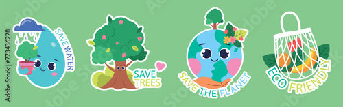 Set of colorful environmental stickers in cartoon style. Vector illustration of stickers with care for nature: drop of water, tree, planet, eco bag with inscriptions isolated on green background.