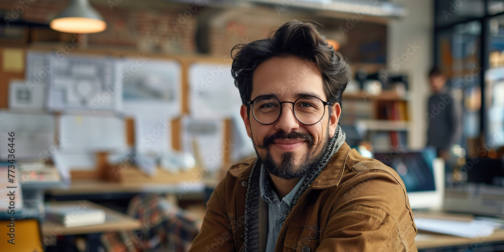 Obraz premium Latino architect in office, smiling at camera