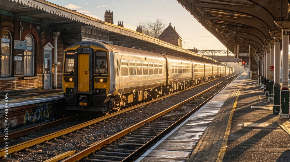 LINCOLN, LINCOLNSHIRE UK - FEBRUARY 12 2022: British Rail 195 Class Diesel Passenger train pulls out of Lincoln Station bound for Leeds