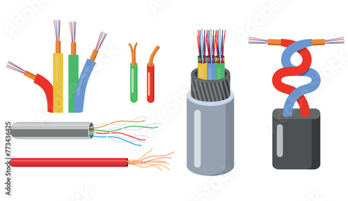 Set of colorful electric cables in cartoon style. Vector illustration of modern electric cables, wires isolated on white background. Interlaced power cables. Network twisted cable.