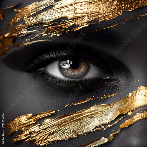 Close-up portrait of beautiful woman with gold paint on her face photo