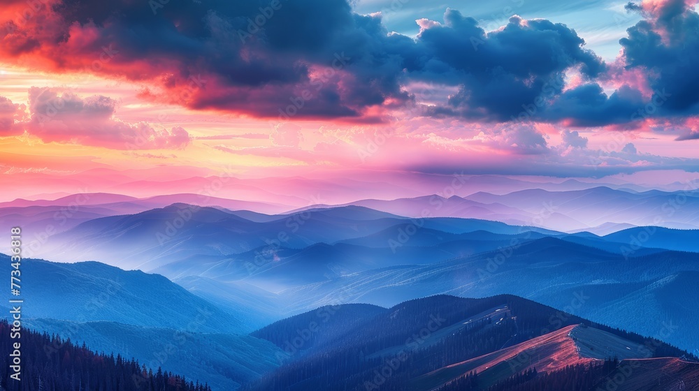 Majestic sunset in the mountains landscape. Dramatic sky. Carpathian, Ukraine, Europe. Beauty world.