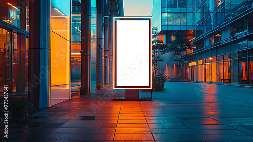 Empty digital display stands before a modern building's glowing entrance at dusk