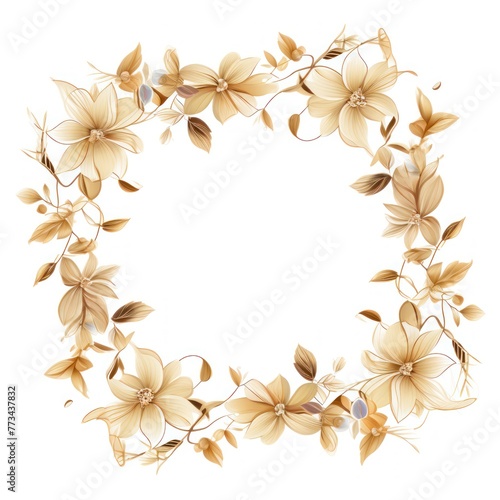 Beige thin barely noticeable flower frame with leaves isolated on white background pattern