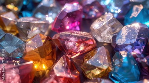Close up photo of gemstone background with various transparent vibrant colors  3d rendering style