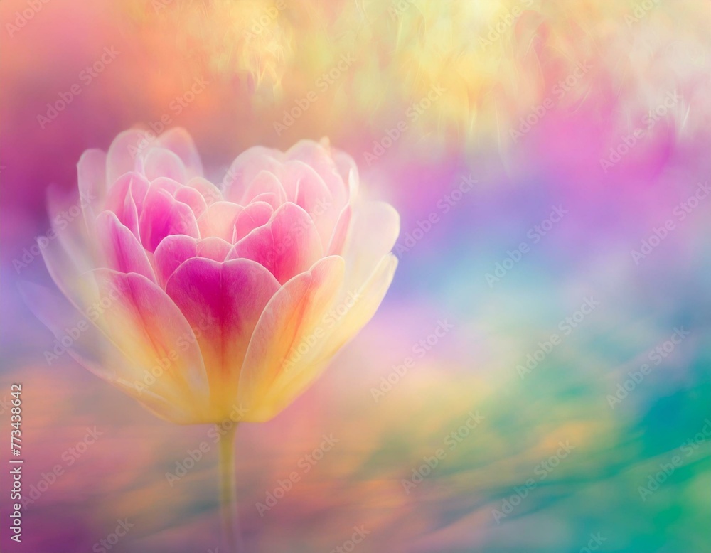 A beautiful flower in the lower right corner with motion-blurred petals against a background of mixed pastel colors