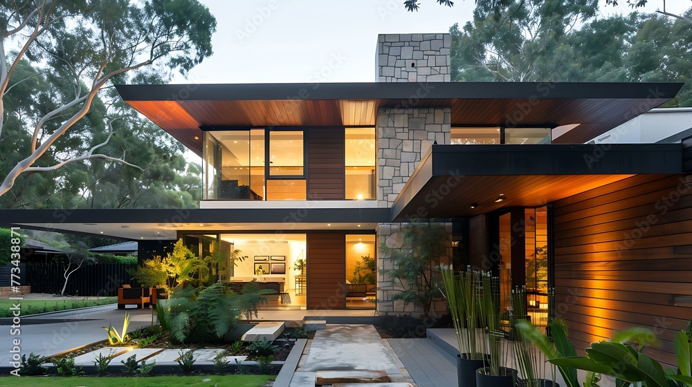 Modern house facade with open living area Modern house facade with open living area