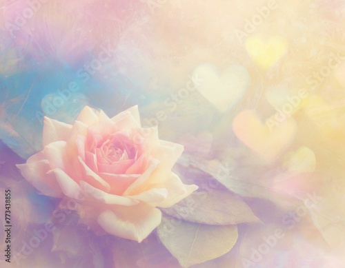 Background for a card or poster in pastel colors with a rose in the lower left corner and bokeh lights in the shape of hearts  space for text on the right side
