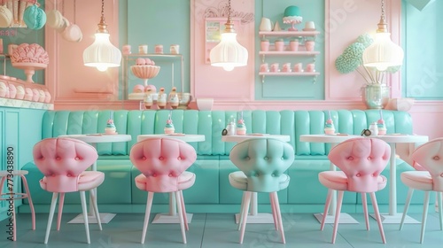Whimsical ice cream parlor with pastel chairs, soft turquoise and pink hues, playful light