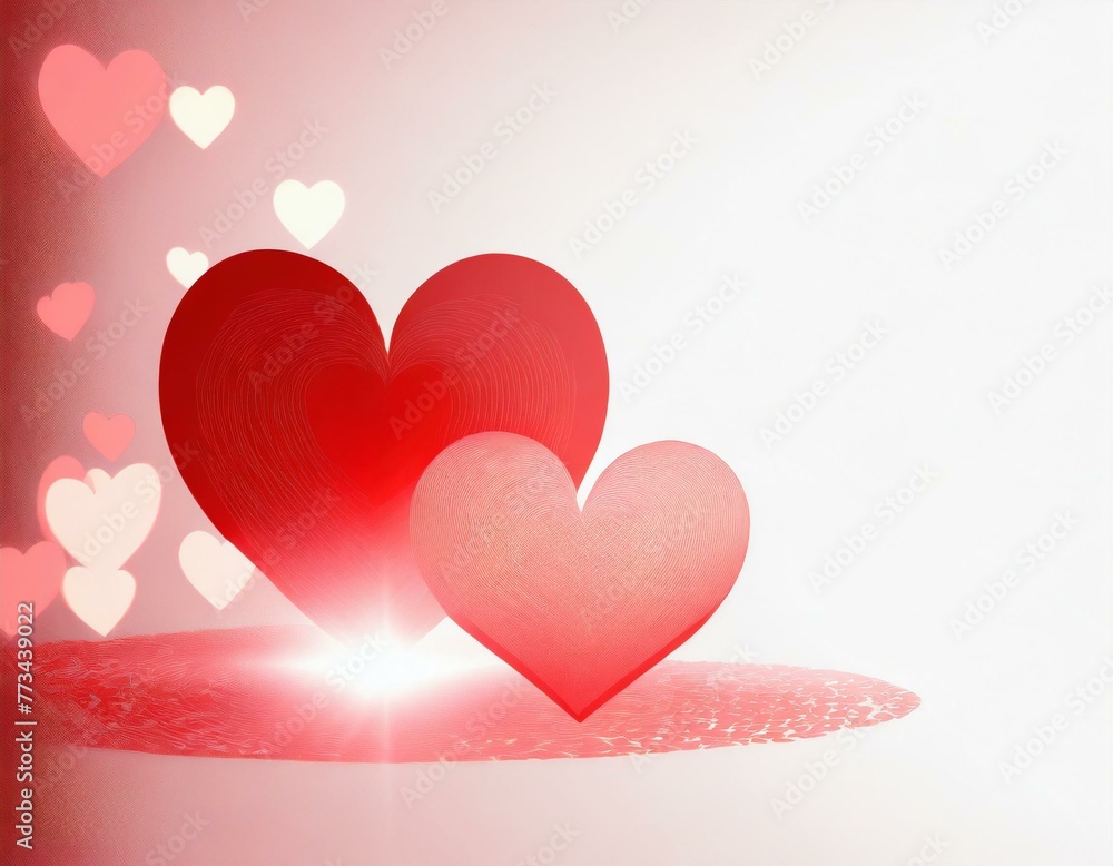 Two red hearts rest on a large round pad, with a bright light illuminating the base of one of them, and several smaller, pale hearts in the background, copy space on right side