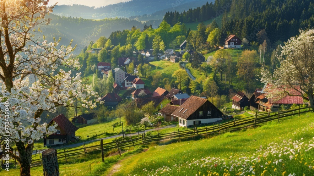 Scenic panoramic landscape of a picturesque green mountain valley in spring. Historic village with blossoming trees and traditional houses. Germany, Black Forest. Colourful travel background. Scenic panoramic landscape of a picturesque green mountain valley in spring. Historic village with blossoming trees and traditional houses. Germany, Black Forest. Colourful travel background.
