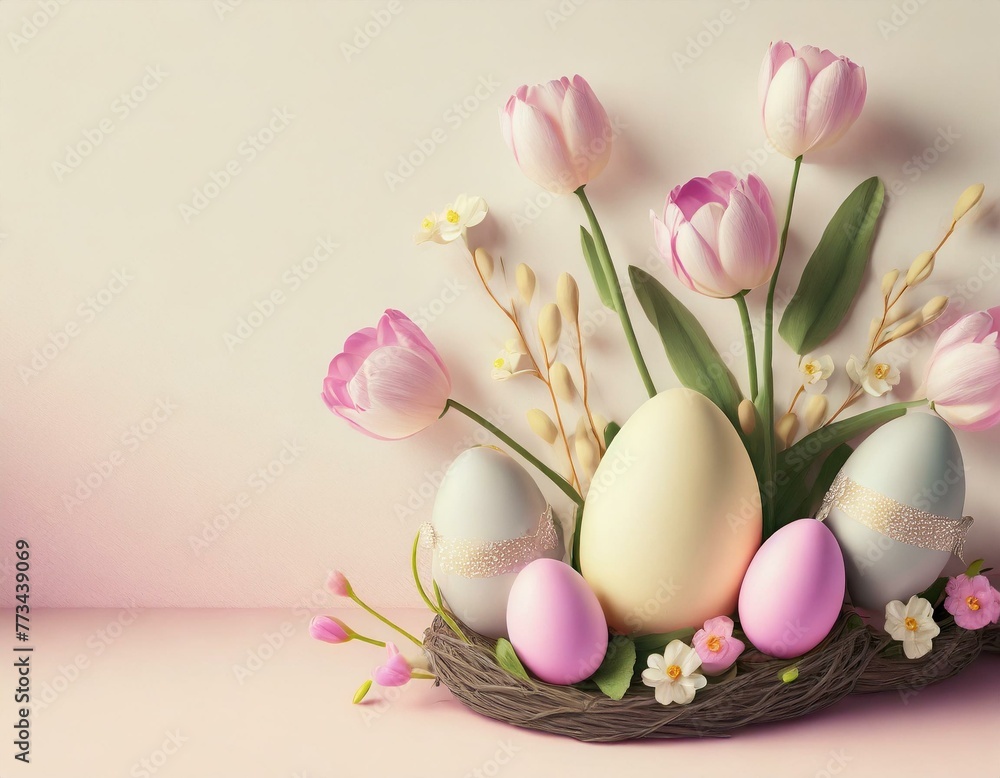 Pastel easter eggs and fresh tulips arranged in a festive springtime display Pastel easter eggs and fresh tulips arranged in a festive springtime display