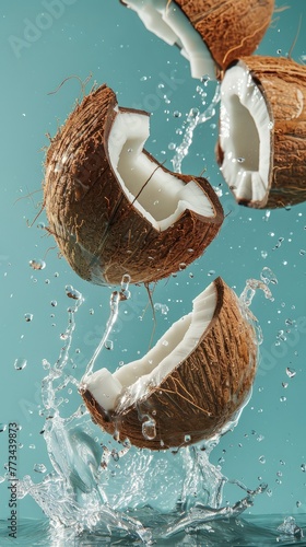 Three coconuts drop from above and splash into the water, creating ripples in the clear blue surface © pham