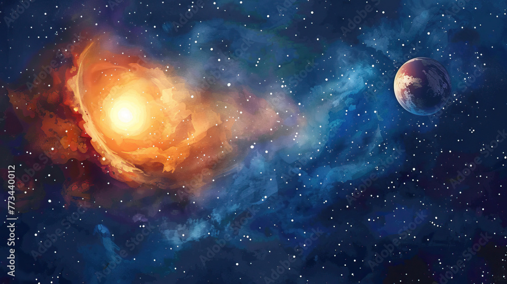 galaxy with planet in watercolor art style,Astronaut space exploration, gateway to another universe.space, cosmonaut and galaxy for poster, banner or background , future, science fiction and astronomy