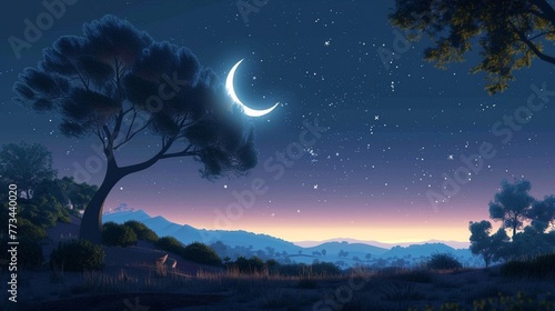 A peaceful Eid Mubarak setting with the moon shining brightly in the clear night sky