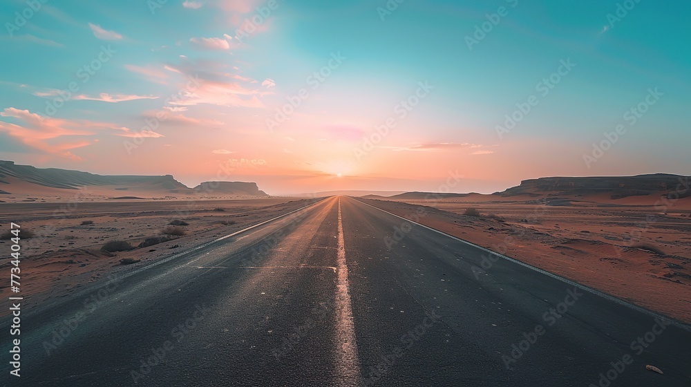 Empty asphalt road leading to the horizon at sunset. A long road leading towards to hight mountains.