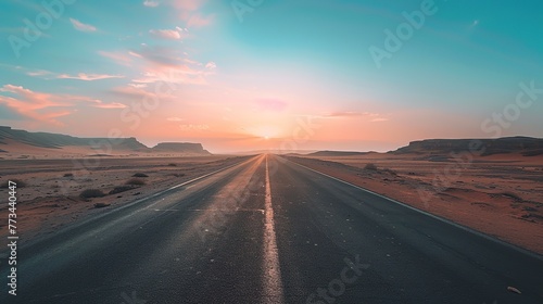 Empty asphalt road leading to the horizon at sunset. A long road leading towards to hight mountains. © Penatic Studio