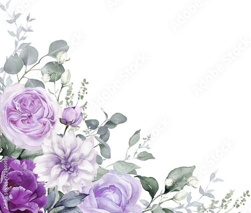 Floral corner border. Violet, lilac, purple watercolor flowers. Roses, peonies, eucalyptus leaves for elegant wedding invitation, greeting cards, fashion design. Hand painted illustration