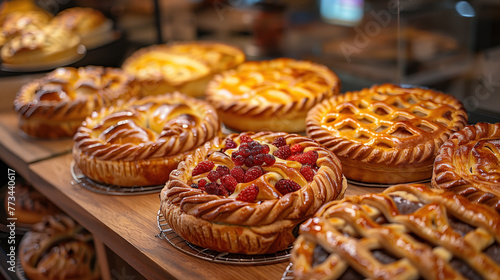 different fruit pies on a bakery counter