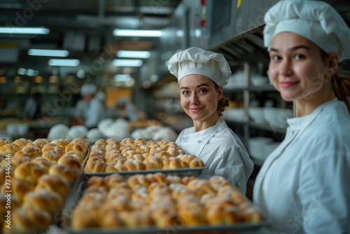 young professional female bakers holding trays with buns in large modern bakery