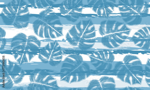 Monstera plant foliage botanical repeat pattern over stripes background.