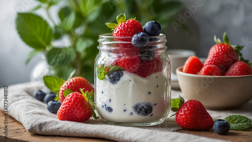 jar of  organic yogurt with strawberries  blueberries and mint in the kitchen