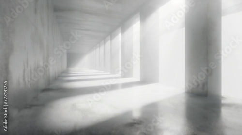 3D rendering of an empty room with white walls and a concrete fl