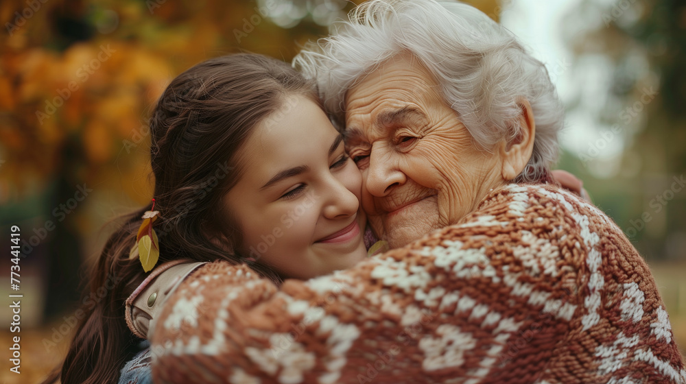 Obraz premium Young girl and great-grandmother embracing in autumn