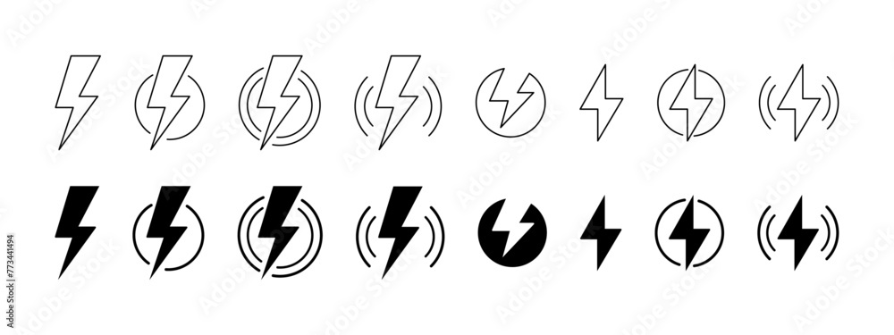 Flash lightning bolt icon set in outline and fill style. Electric power symbol. Power energy sign, Vector illustration.
