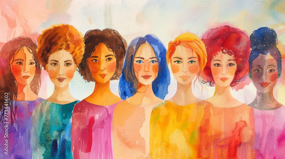 Watercolor International Women's Day Banner with Diverse Group of Happy Women, Empowerment and Unity Concept