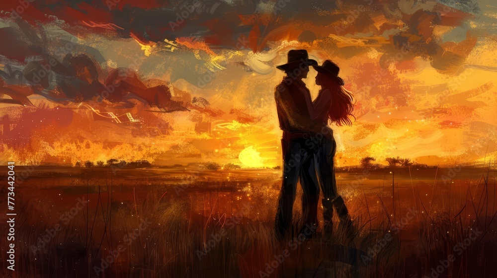 Romantic western couple embracing at sunset on ranch, cowboy and auburn-haired woman in love, digital painting