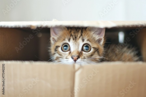 Animal Hiding. Cute Cat Peeking Out of a Box on White Background photo