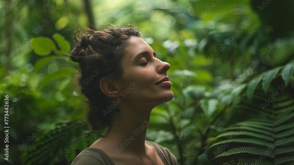 Serene woman taking a deep breath in lush green forest, feeling relaxed and rejuvenated in nature, mindfulness concept photo Serene woman taking a deep breath in lush green forest, feeling relaxed and rejuvenated in nature, mindfulness concept photo