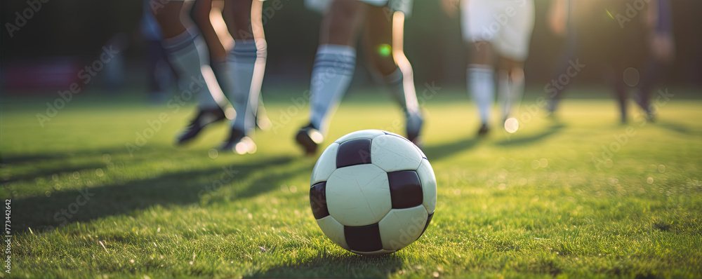 Fototapeta premium Detail on soccer ball and blured players