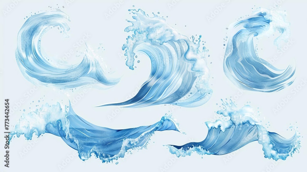 Set of dynamic, clear water waves, isolated on transparent background, perfect for summer and nature designs