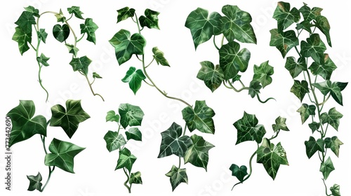 Set of lush green Javanese treebine or grape ivy leaves isolated on white, digital illustration