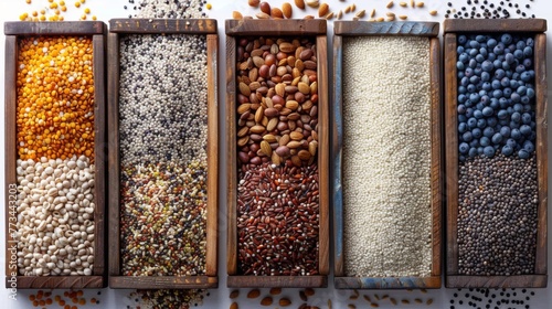 A digital portrayal of a picture frame constructed from grains like quinoa, rice, and barley, set against a stark white background, where their natural textures