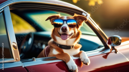 Happy funny dog in sunglasses looking out car window on summer. traveling with pets and road trip concept © Yekatseryna