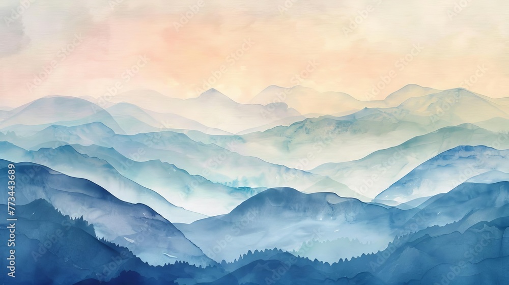 Soft pastel watercolor painting of minimalist mountain landscape, panoramic art print