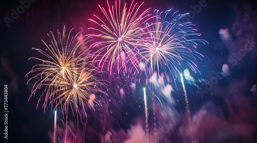 Spectacular fireworks display lighting up the night sky, celebration banner background © Jelena