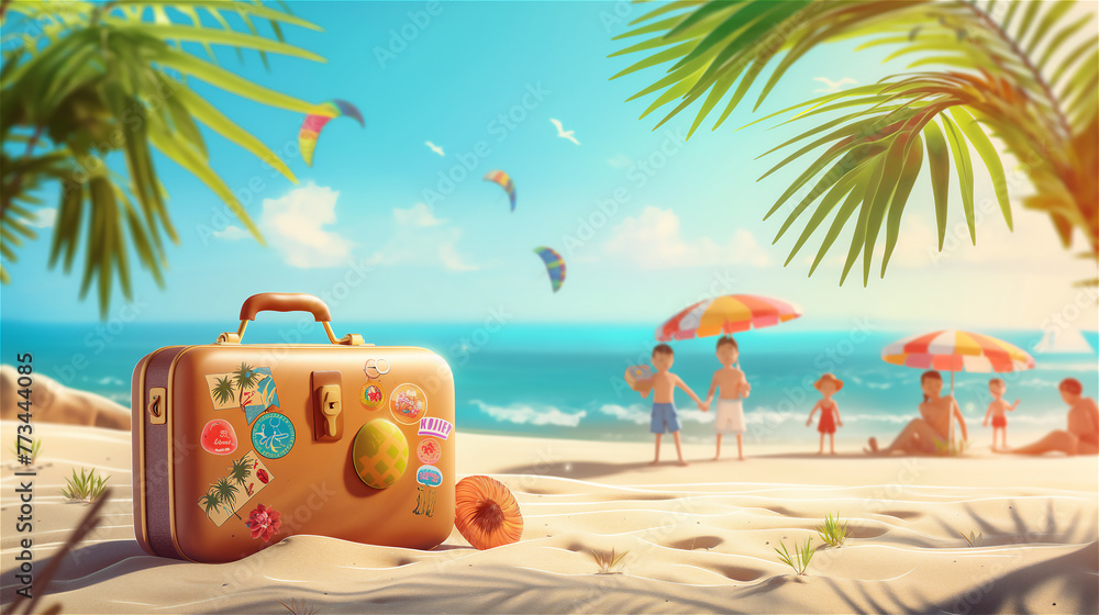 Summer holiday concept scene, illustrating suitcase on the beach and happy family at blurred second plan.
