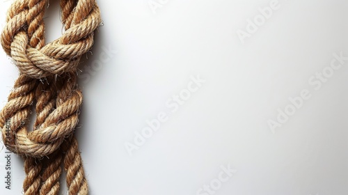 A single, sturdy climbing rope coils at the upper left, against a white background. This minimalist depiction invites thoughts on overcoming obstacles and reaching new heights