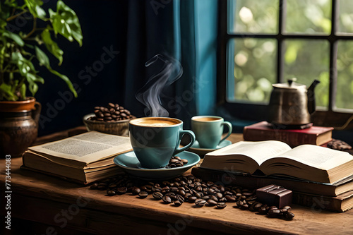 Create a tranquil setting with an ultra-realistic 4K wallpaper featuring a serene coffee-themed still life arrangement, complete with a steaming cup of coffee, a stack of vintage coffee boo