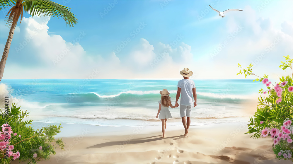 Summer holiday concept scene, illustrating dad with his daughter whose are walking on the paradise beach.