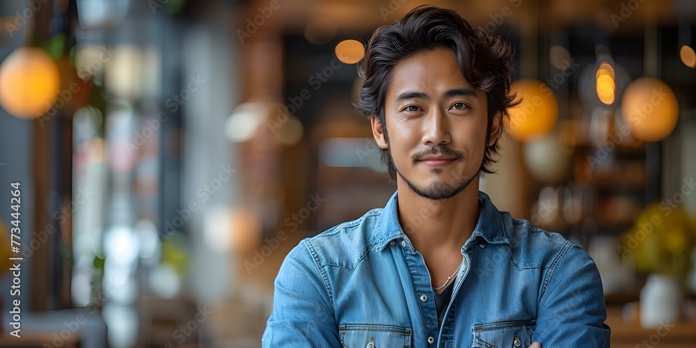 A stylish Asian man in denim attire exuding confidence and happiness symbolizing success in business. Concept Fashion, Asian Man, Denim Attire, Confidence, Success in Business