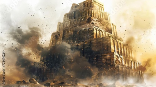 The Tower of Babel, ancient stone structure on white background, biblical story illustration, digital painting