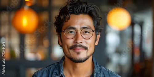 The title could be changed to: "Confident and Happy Asian Man in Denim Attire Signifying Business Success". Concept Fashion Photography, Business Attire, Confidence, Asian Model, Success Story