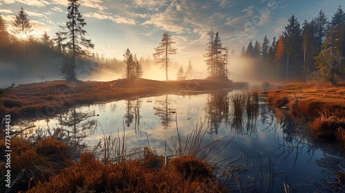 Tranquil scene of the Heidenreichsteiner Moor nature park in Austria, showcasing the ethereal beauty of the peat bog landscape © Jelena