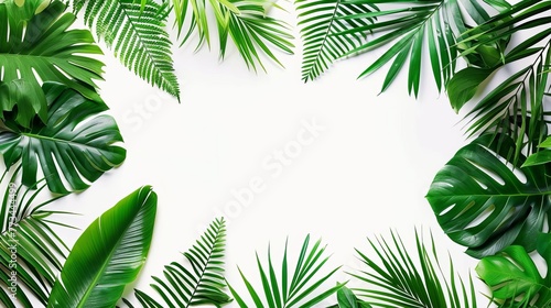 Tropical frame with exotic jungle plants and palm leaves on white background  summer design template