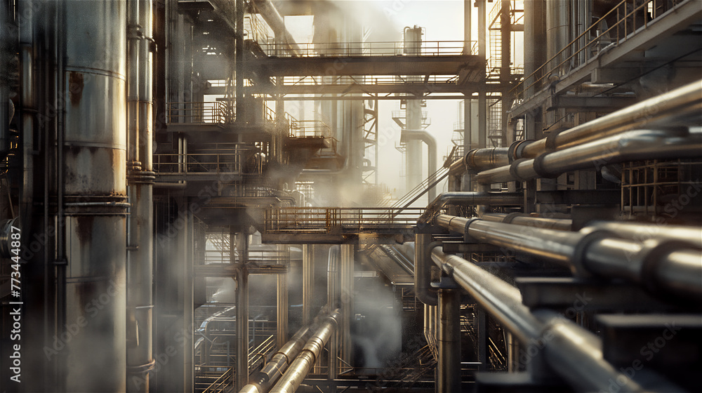 Industrial zone steel pipelines, pipes and valves.
